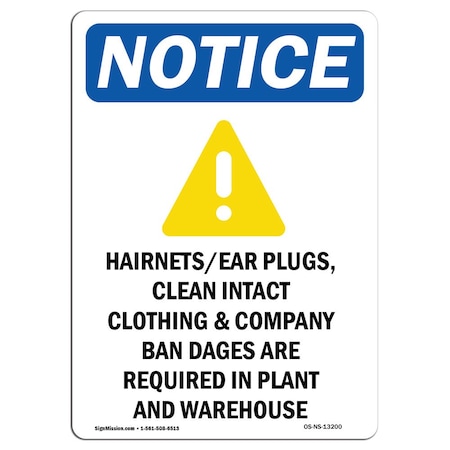 Signmission OSHA Notice Sign, HairnetsEar Plugs With Symbol, 24in X 18in Aluminum, 18" W, 24" H, Portrait OS-NS-A-1824-V-13200